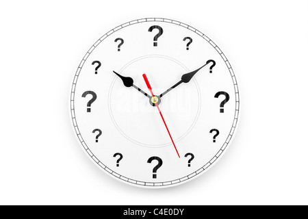 Punto interrogativo orologio, il concetto di tempo Foto Stock
