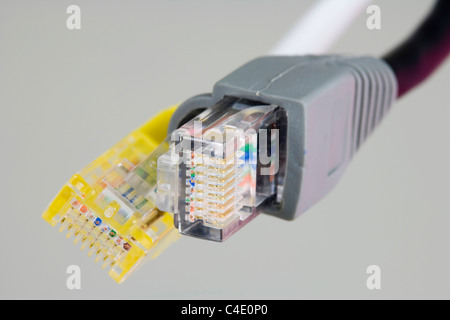 Due porte RJ-45 connettori Ethernet su sfondo bianco Foto Stock