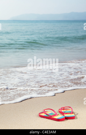 La vacanza estiva concetto--Flipflops su una sabbiosa spiaggia dell'oceano Foto Stock