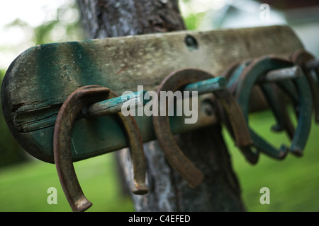 Ferri di cavallo utilizzati per il gioco dei ferri di cavallo appendere su una casa in legno di titolare in Severn Lodge nella regione di Muskoka di Ontario. Foto Stock