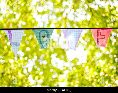 Una linea di bunting flags ortografia 'amore' Foto Stock