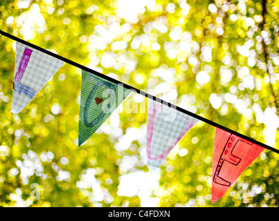 Una linea di bunting flags ortografia 'amore' Foto Stock