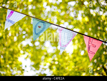 Una linea di bunting flags ortografia 'amore' Foto Stock