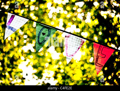 Una linea di bunting flags ortografia 'amore' Foto Stock