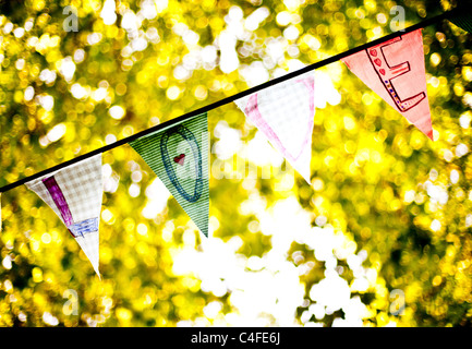 Una linea di bunting flags ortografia 'amore' Foto Stock