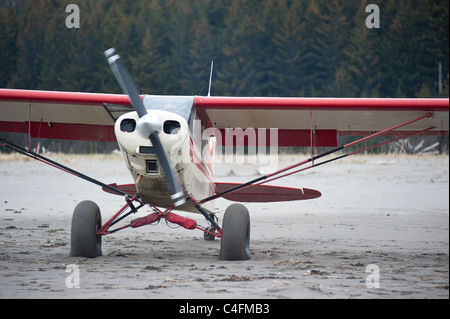 Piper Super Cub sulla spiaggia di Hinchinbrook Island, Alaska- 2011 Valdez Fly-in Alaska Foto Stock