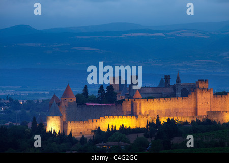 Carcassonne al crepuscolo, Aude, Languedoc-Rousillon, Francia Foto Stock