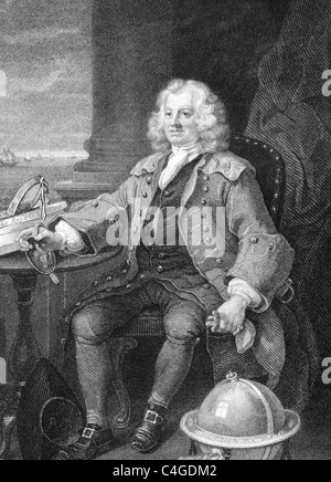 Il capitano Thomas Coram (1668-1751) su incisione da 1800s. Filantropo che ha creato il London Foundling Hospital. Foto Stock