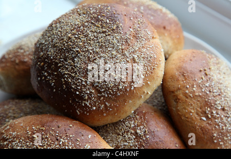 Appena sfornati Pane integrale rotola su una piastra Foto Stock