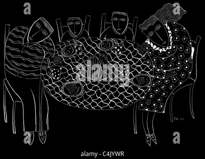 Bianco e nero scraperboard di una famiglia seduti al tavolo da pranzo Foto Stock