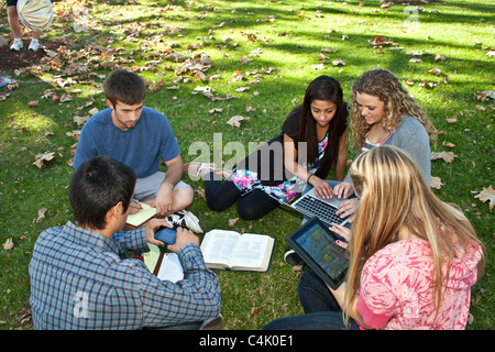 15-18 anni vecchia discussione Multi gruppo etnico Teens studiare insieme usando il telefono mobile iPad iPad dispositivi portatili. American Indian,Ispanico signor © Foto Stock