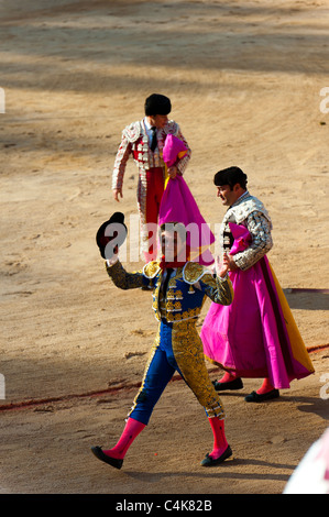 La corrida con mattatori Curro Días, El Juli e A. Talavante, San Fermín street-partying, Pamplona, Navarra, Spagna, Europa. Foto Stock