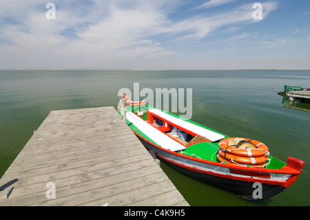 Il molo e la barca di legno in Albufera lake, Valencia, Spagna Foto Stock