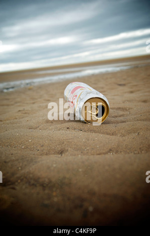 Birra di metallo può essere lavato fino sulla spiaggia vuota Foto Stock