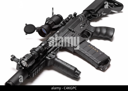 US Army Spec Ops M4A1 la creazione personalizzata assault carbine con RIS/RAS, red dot sight e torcia tattica. Foto Stock