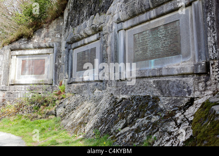 LAKE VYRNWY, situato sul lato est del Lake Vyrnwy sono i tre in scena informazioni bronzo placche e pietre. Foto Stock