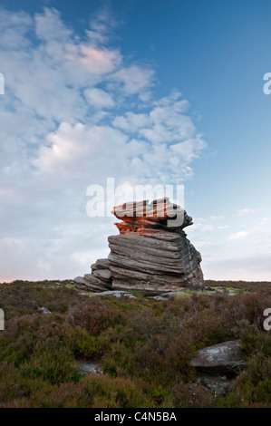 La madre Cap rock formazione su Hathersage Moor illuminato dalla tarda serata sole estivo, il Peak District, Derbyshire, Regno Unito. Foto Stock