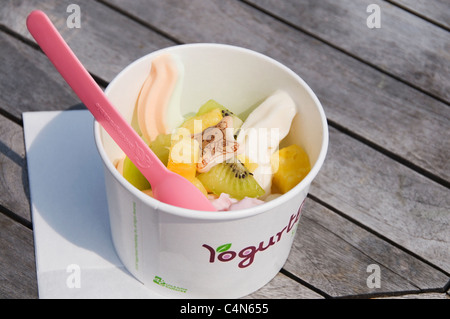 Una tazza di saporite self-soft frozen yogurt è ricoperto con un assortimento di frutta fresca e un Koala Yummie in Okinawa in Giappone Foto Stock