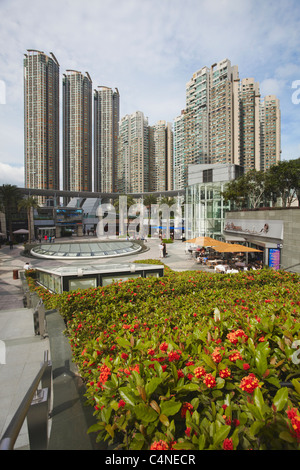 Sala da pranzo all'aperto in Piazza Civica, elementi Mall, West Kowloon, Hong Kong, Cina Foto Stock