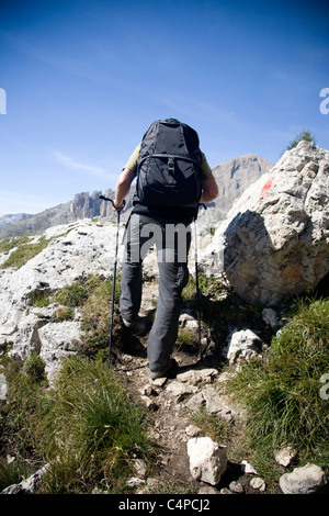 Escursionista maschio su un percorso a Rosengarten, Dolomiti, Alto Adige, Italia Foto Stock