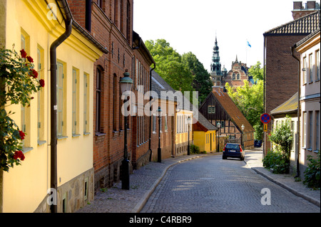 Street con cottages in svedese città universitaria di Lund, Svezia Foto Stock