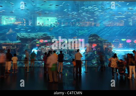Le persone di fronte all'acquario all'interno del centro commerciale di Dubai Foto Stock
