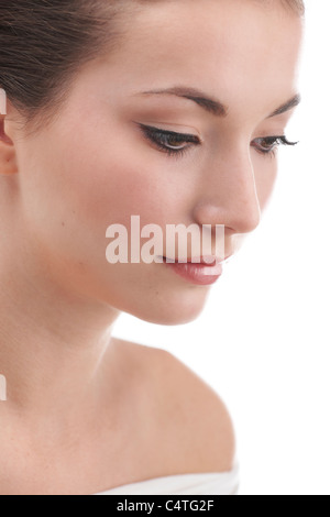 Giovane donna faccia con sottili compongono e eye lash extensions Foto Stock