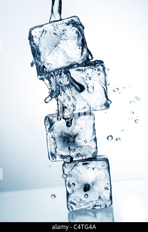 I cubetti di ghiaccio e acqua che scorre in blu di tonificazione applicata per effetto. Foto Stock