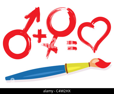 Femmina, Maschio, simboli di cuore e il pennello. Amore astratto concetto illustrazione. Foto Stock