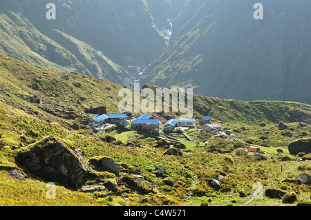 Machapuchare Base Camp, Annapurna, Annapurna Area di Conservazione, Gandaki, Pashchimanchal, Nepal Foto Stock