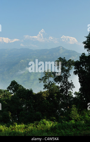 Annapurna Himal Machapuchare e vista dalla Pagoda della Pace, Pokhara, Gandaki, Pashchimanchal, Nepal Foto Stock