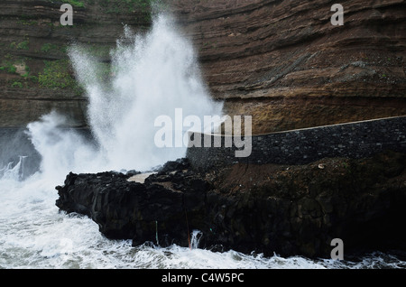 Acqua schiantarsi contro le rocce vicino a Porto da Cruz, Madeira, Portogallo Foto Stock