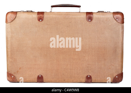Marrone Vintage valigia isolate su sfondo bianco Foto Stock