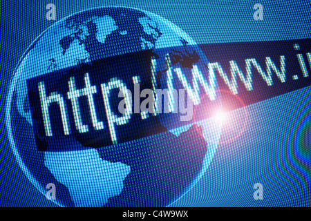 Computer generato immagine del globo e indirizzo web in primo piano Foto Stock