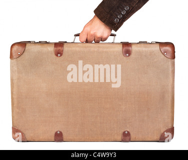 Marrone Vintage valigia isolate su sfondo bianco Foto Stock