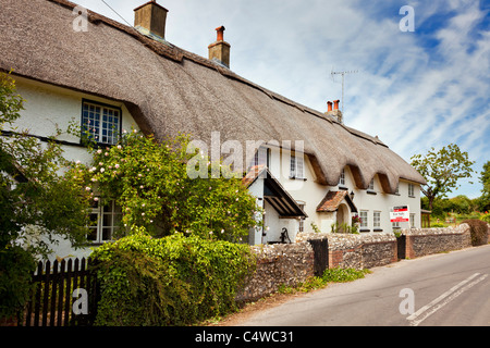 Inglese semi staccate cottage con il tetto di paglia per la vendita, in Inghilterra, Regno Unito Foto Stock