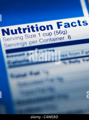 Close-up di informazioni nutrizionali Foto Stock