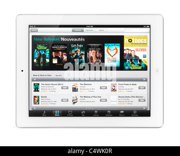 Apple iPad 2 tablet pc con filmati in iTunes sul suo display. Isolato con percorso di clipping su sfondo bianco. Foto Stock