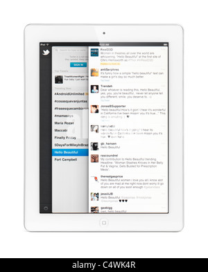 Apple iPad 2 tablet pc con Twitter, servizio di social network sul suo display. Isolato su sfondo bianco. Foto Stock
