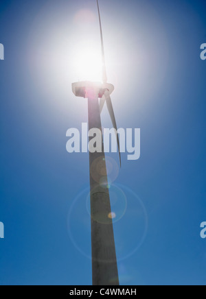 Stati Uniti d'America,California,Palm Springs,Coachella Valley,San Gorgonio Pass,turbina eolica contro il cielo blu in presenza di luce solare Foto Stock