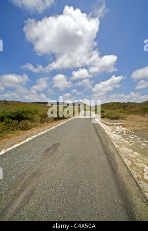 Viaggia su un territorio rurale strada asfaltata nel cielo blu e nuvole Foto Stock