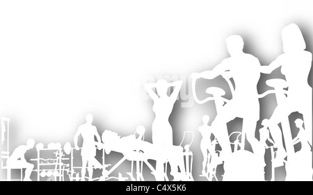 Illustrato spaccato di persone che esercitano in una palestra con ombreggiatura di sfondo Foto Stock