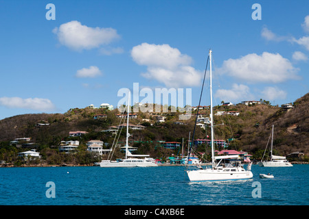 Il pittoresco scenario di velieri ormeggiati a Leverick Bay con case in collina su Virgin Gorda in Isole Vergini Britanniche Foto Stock