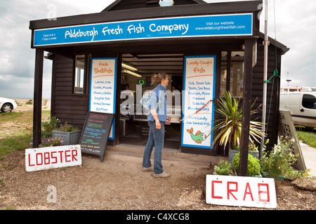 Una donna shopping per il pesce a Aldeburgh Pesce Fresco Company, Aldeburgh Suffolk REGNO UNITO Foto Stock