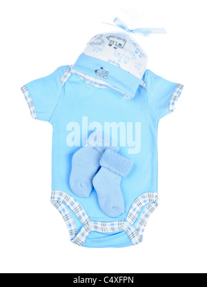 Blue boy neonato abbigliamento per bambino, doccia isolate su sfondo bianco Foto Stock