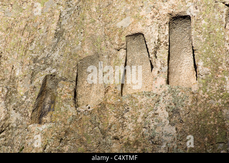 Nicchie, hive-pietre scavate sulle rocce, montagne Rhodope vicino città Ardino, Bulgaria, Europa orientale Foto Stock