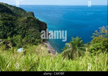 Barche da pesca sulla spiaggia di sabbia nera L'Anse Mahaut Bay, Saint Vincent e Grenadine. Foto Stock