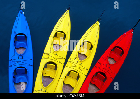 Colorato in blu, giallo e rosso kayak aspettano i turisti che vogliono pagaia in acque calme di belle baie lungo il passaggio terrestre di Alaska, Stati Uniti d'America. Foto Stock