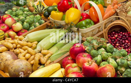 Grande raccolto di agricoltura - alimenti vegetali come il mais, peperoni e carote, frutta come mele e bacche Foto Stock