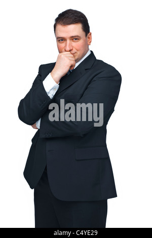 Bella coppia uomo d affari isolata contro bianco guardando avanti nel pensiero Foto Stock